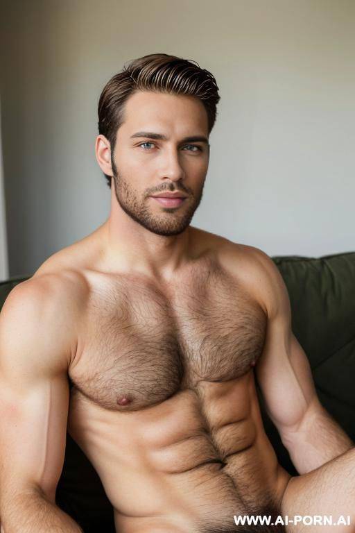 handsome model man, athletic handsome man, thick brown hair, big green eyes, one man, short beard, in living room, shirtless, ((keep face)), ((keep model)), ((keep body)), - #main