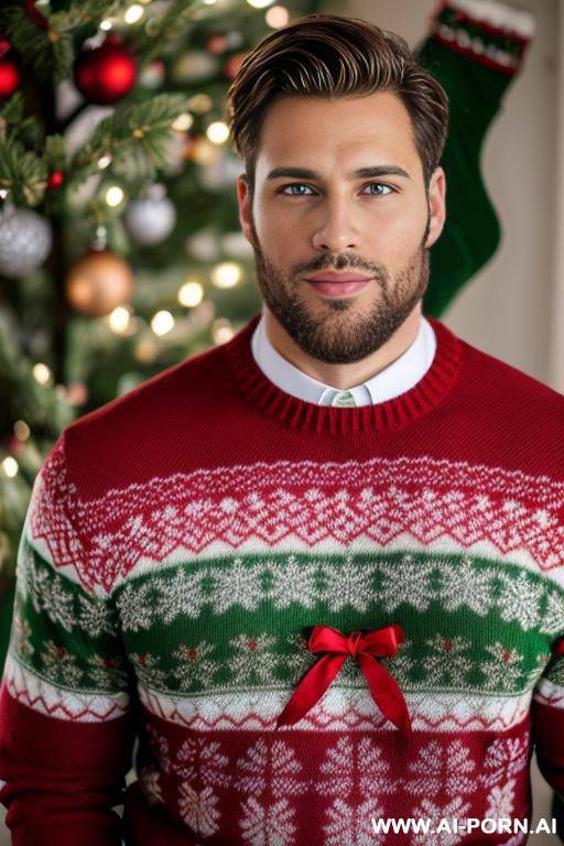 handsome model man, athletic handsome man, thick brown hair, big green eyes, one man, short beard, standing im front of christmas tress, wearing christmas sweater, ((keep face)), ((keep model)), ((keep body)), - #main
