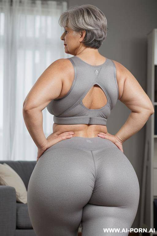 back view, 0 year old chubby grandma, short gray hair, very visible signs of age, fully body, standing, triangle hip, thick-thighs, hands on waist, wearing gray leggings and a bra - #main