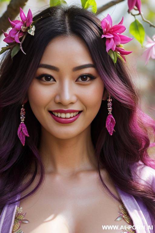 close!, immersive expression, lovingly asian woman, long loose wavy purple hair, closeup in decent lingerie, she is naturally tanned, pastel hue, abstract background, oiled pleasure, lying, real-life sei-ra sodes-hiro! - #main