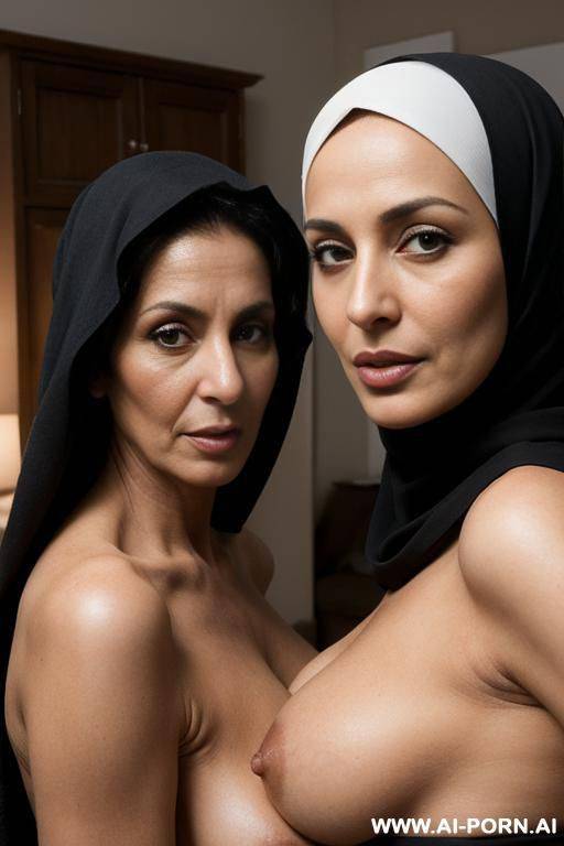 seductive 20 naked woman with her (scared) naked mother, hijabs, looking at camera - #main