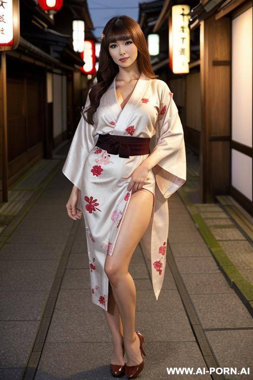 very beautiful, very sexy japanese, long thick wavy auburn hair, dark eye liner, completely nude, totally naked, show bare boobs, show shaved pussy, frame image from head to knee, opened robe, deep v, wide cleavage - #main