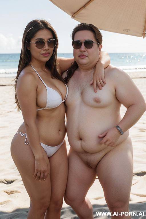 ((white bikini)), (((smirking))), (((hands in hair))), sunglasses, (((fat face))), (((round cheeks))), a ((chubby)) shorty filipina milf is posing with multiple tall handsome fit american man. she has - #main
