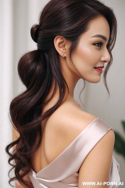 realistic, high quality, (close over-shoulder view) spontaneous, cheerful, positive energy, solo, 1woman, breath-taking hairstyle, long hair, (full silky clothes) cuute lady, - #main