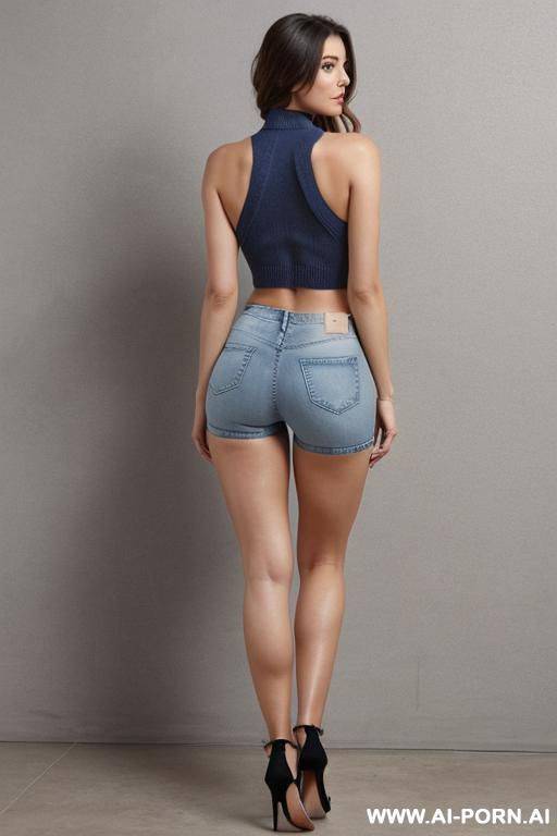 tight booty denim shorts, perfect body with perfect butt, full-length front body shot, wearing a halter neck sweater, with open back - #main