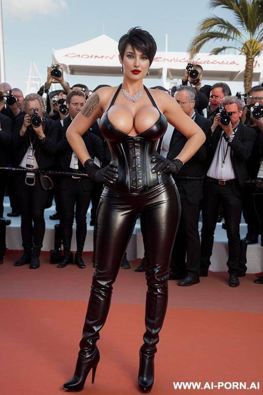 milf in black leather pants, knee high stiletto boots, corset, gloves and white shirt, red lipstick, leather necklace, deep cleavage, looking at camera, no tattoo, - #main