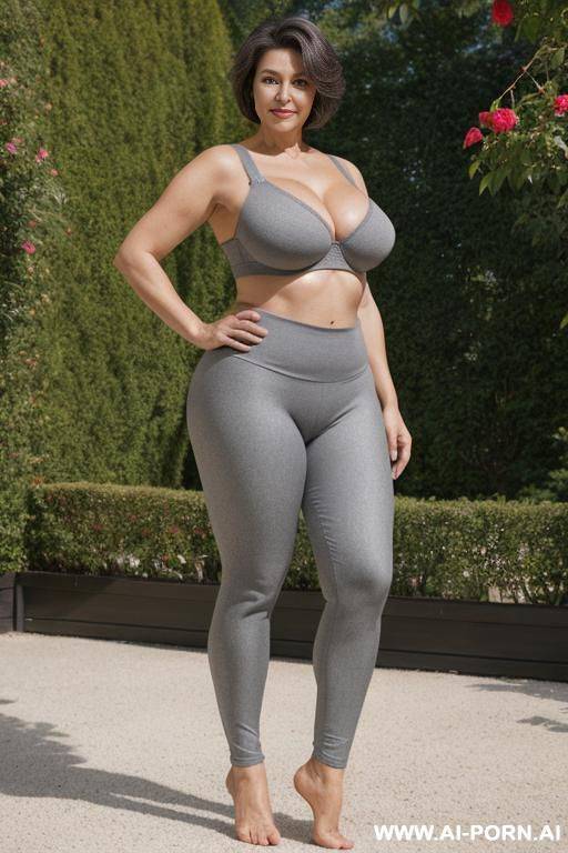 0-year-old grandmother, full body, standing, lady, short gray hair, very visible age marks, triangular hips, thick thighs, wearing gray leggings and bra, rose garden - #main