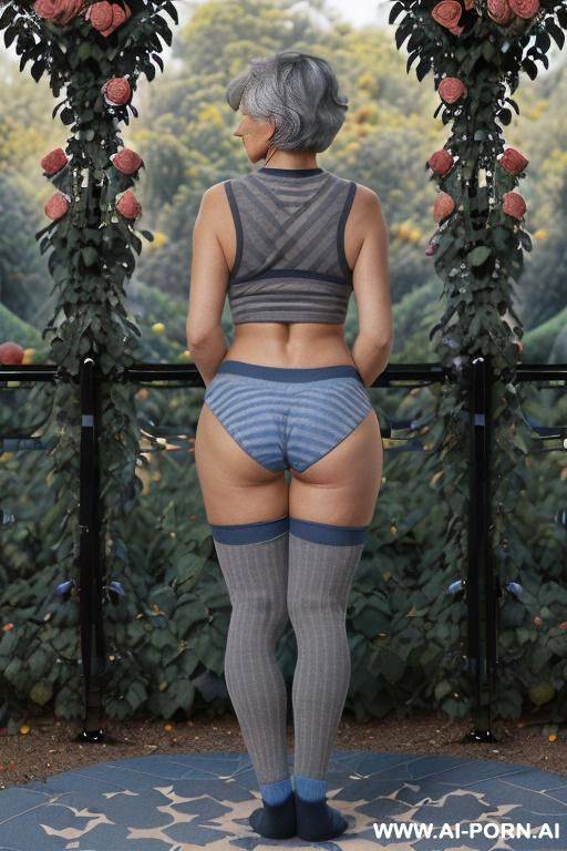 (((back view))), (((0 year old grandmother))), (((short gray hair))), (((very visible age marks))), (((triangular hips))), (((thick thighs))), (((blue shirt with black vertical stripes))), (((blue - #main