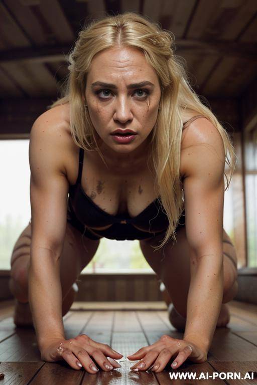 naked, dark makeup, ( skin), tra, (tired), sad, tits, white skin, mascara running, tears, upset, angry,, (crawling on the floor), scars, bruises, ((dirty skin)), unwashed, (dirty), (rough), (dirt) - #main