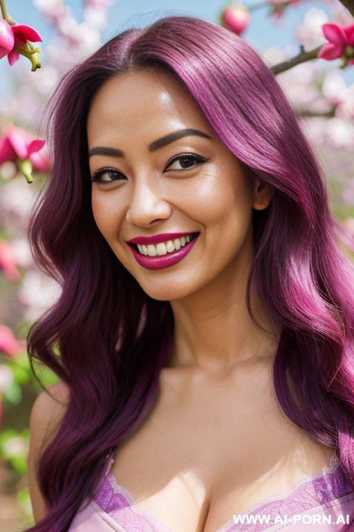close!, immersive expression, lovingly kawaii, long loose wavy purple hair, closeup in decent lingerie, she is naturally tanned, pastel hue, abstract background, oiled pleasure, lying, real-life sei-ra sodes-hiro! - #main