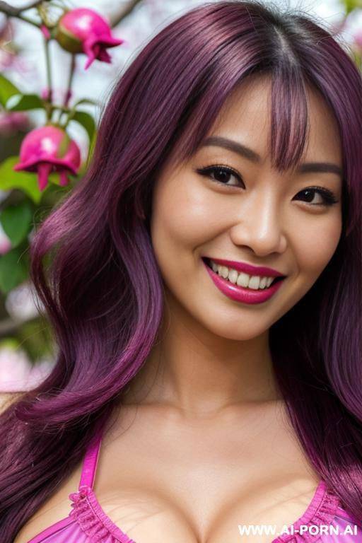 close!, immersive expression, lovingly kawaii asian, long loose wavy purple hair, closeup in decent lingerie, she is naturally tanned, pastel hue, abstract background, oiled pleasure, lying, real-life sei-ra sodes-hiro! - #main
