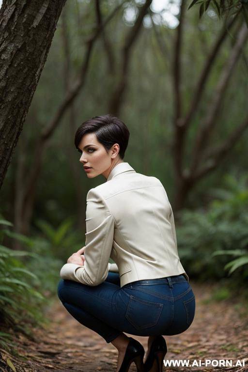 french woman short hair pixiecut jacket, shirt squatting in underbrush - #main