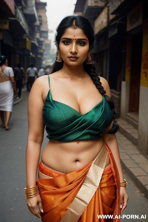indian woman, chubby, busty, massive breasts, big boobs, sexy clothes, sexy sari top, public street, crowded street - #main