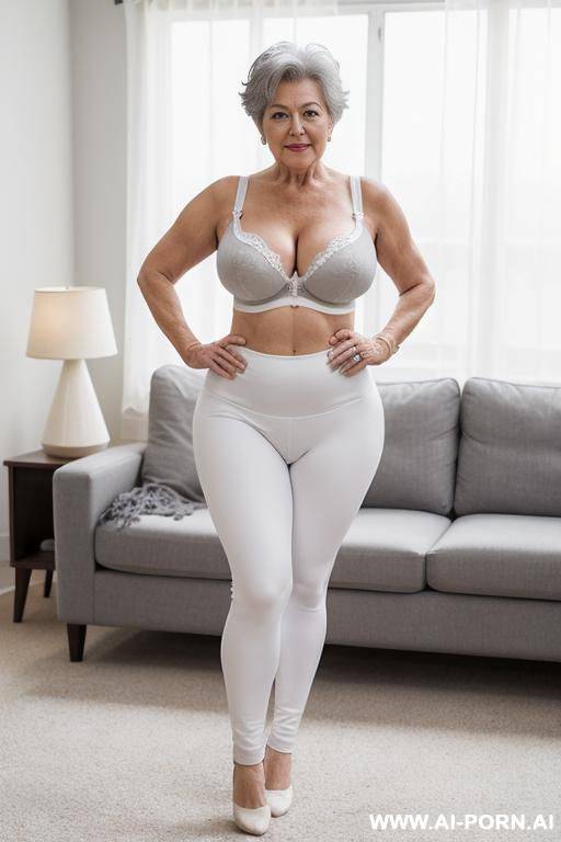 0-year-old grandmother, full body, standing, lady, short gray hair, very visible age marks, triangular hips, thick thighs, wearing white leggings and bra, living room - #main