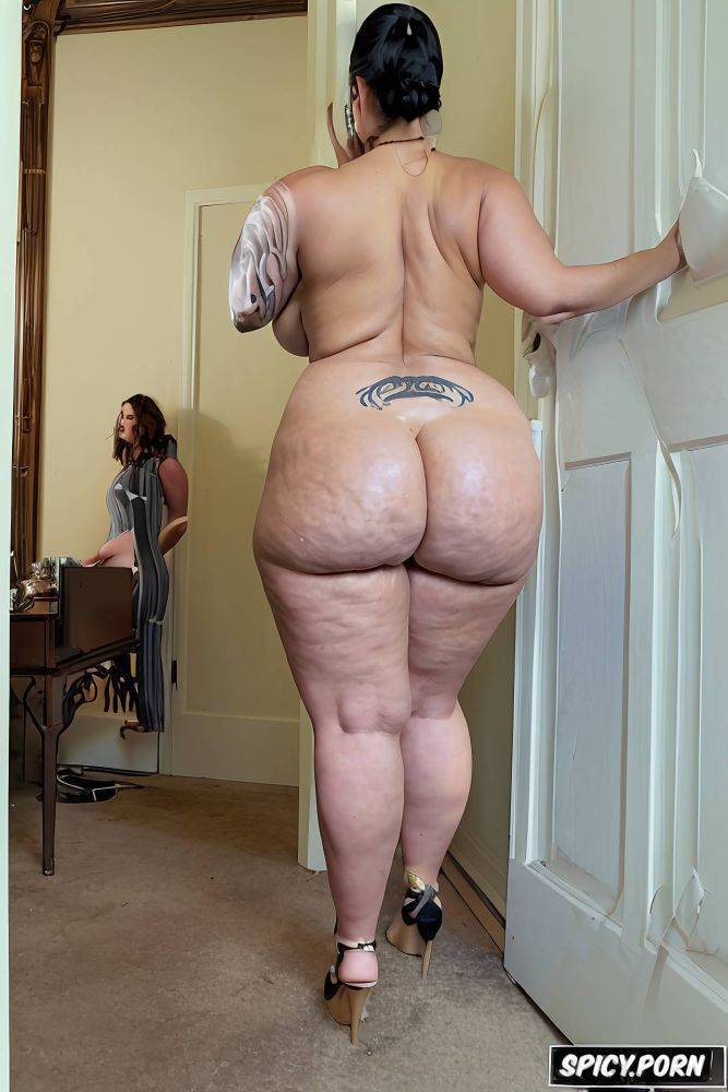 bedroom doorway, gorgeous face, naked voluptuous thick bbw milf hands braced against bedroom doorway pushing back onto woman with futanari dick - #main