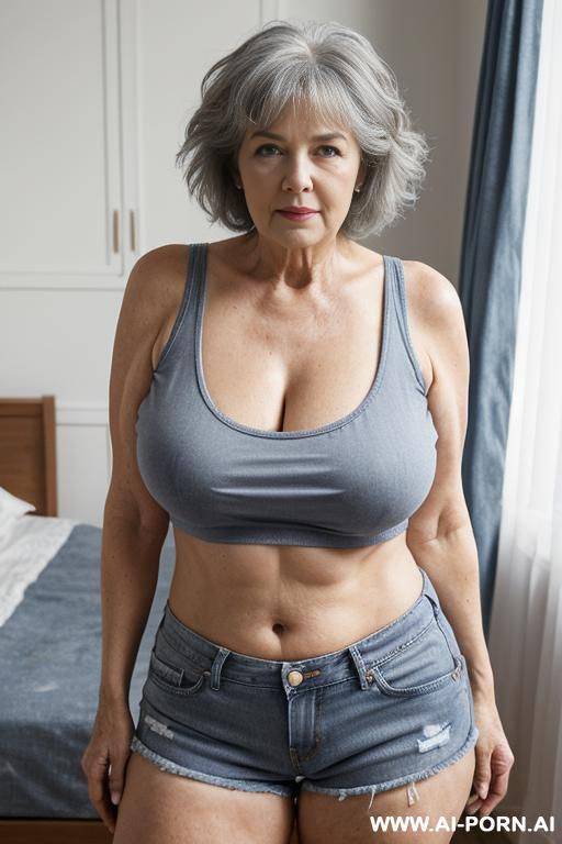 0-year-old grandmother, full body, standing, lady, short gray hair, clearly visible age marks, triangular hips, thick thighs, wearing blue denim shorts and a blue tank top, double bedroom - #main