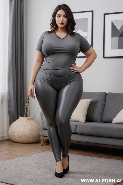 chubby woman, full body, standing, fair skin, square face, nose pearing, triangular hips, thick thighs, wearing gray leggings, wearing a black t-shirt, living room - #main
