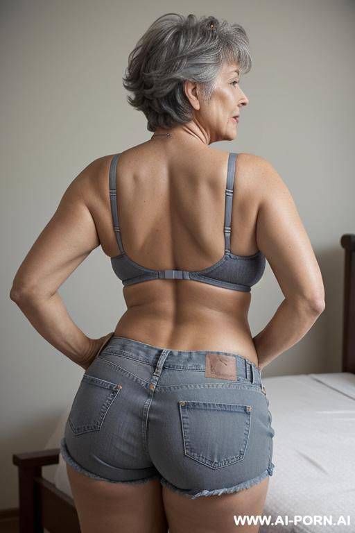 back view, big ass, 0-year-old grandmother, full body, standing, lady, short gray hair, clearly visible age marks, triangular hips, thick thighs, wearing blue denim shorts and bikini bra, double bedroom - #main