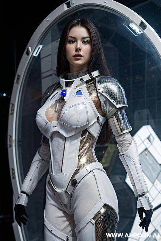 (close up) ((gorgeous woman) in (partially transparent armored space combat suit)) (spacecraft armory) - #main