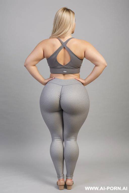 back view, chubby woman, full body, standing, blonde hair, triangular hips, thick thighs, hands on hips, wearing grey leggings and top tank - #main