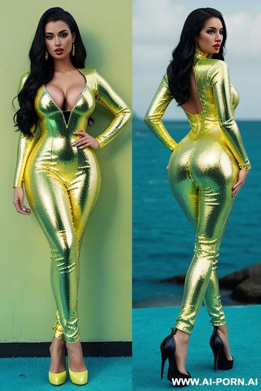 latex, half yellow and half turqouise, catsuit mermaid dress, sequin - #main