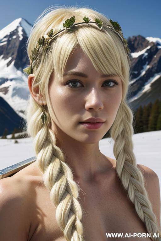 _topless armour, snowy mountain, braided hair, carrying a medieval sword, nordic scenery, flower headress, very white skin - #main