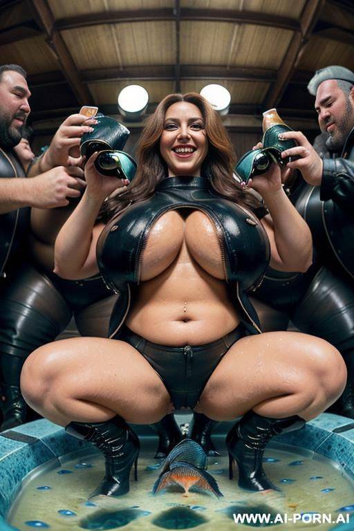 (((( surrounded by fat men squatting looking at her ass ))) ((((view fish eye lens view)))) at dusk at the outdoor motorcycle coustom festival inside a beer bath pretty italian woman on stage - #main