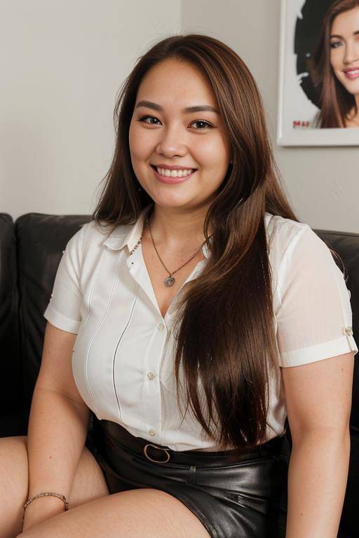 (((face closeup))), (((fat face))), (((extremely long hair))), looking at viewer, front facing, (((headshot))), front view, a chubby shorty filipina milf is modeling in a studio. she has her hands - #main