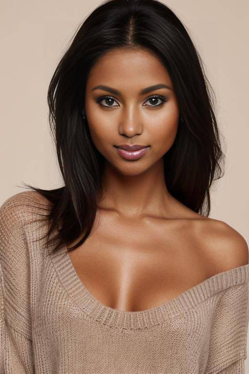pretty face, gorgeous perfect body, perfect natural breasts, firm hard large nipples, dark tanned skin, sly smile, extreme closeup, closeup view, head and shoulder portrait, (((tanned))), professional photo studio background, fully clothed, beige sweater - #main