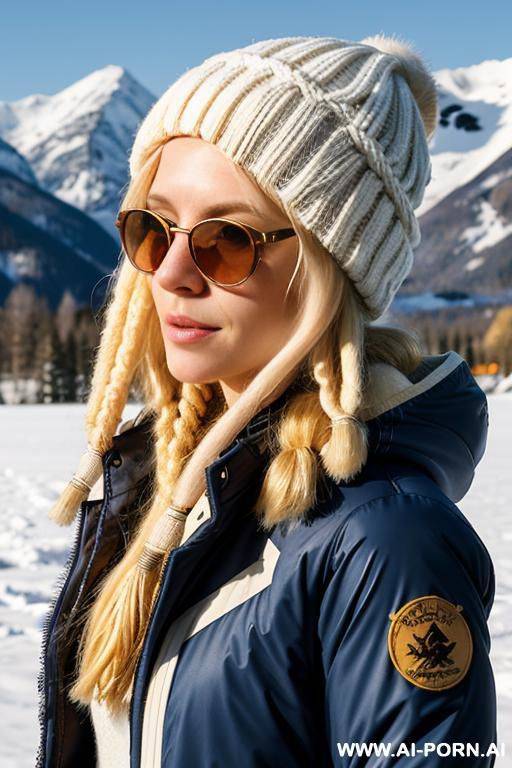 modest, delicate, natural, sporty, snow all around, winter jacket, circular blue sunglasses, slender, very long blonde hair, mountains, sunny weather, winter jacket, winter woolen cap, gloves, - #main