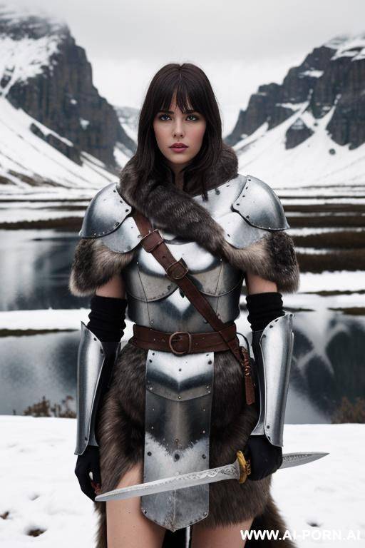 metal armoured shoulders and arms, snowy mountain, bob bangs hair cut, carrying a medieval sword, nordic scenery, very white skin, messy dark hair, no fur; naked hairy pussy, large clouted belt - #main