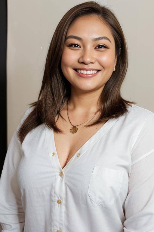 (((wide face))), front facing, headshot, front view, a chubby shorty filipina milf is posing in a studio. she has her hands in her hair. she is smiling. she has blonde highlights in her - #main