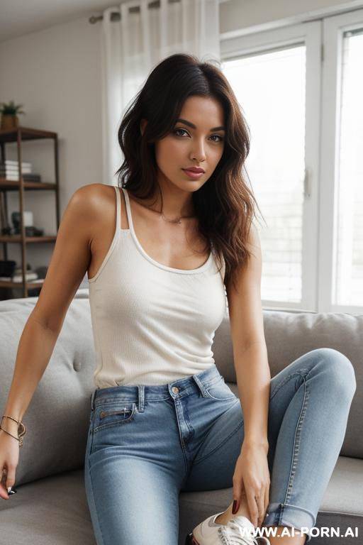 medium loose hair, short tank top with straps, jeans, sneakers - #main