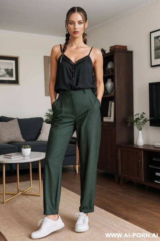 brown hair, two short braids, black short blouse with a square neckline, dark green trousers, sneakers - #main
