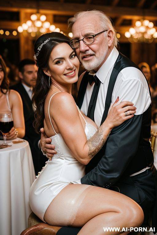 ((((medium full shot)))) ((((right behind stading oldman hugging boobs)))) ((((keep same face)))) at de wedding celebration ((((sitting position sexy showing legs)))) pretty face italian wife lot jacket - #main