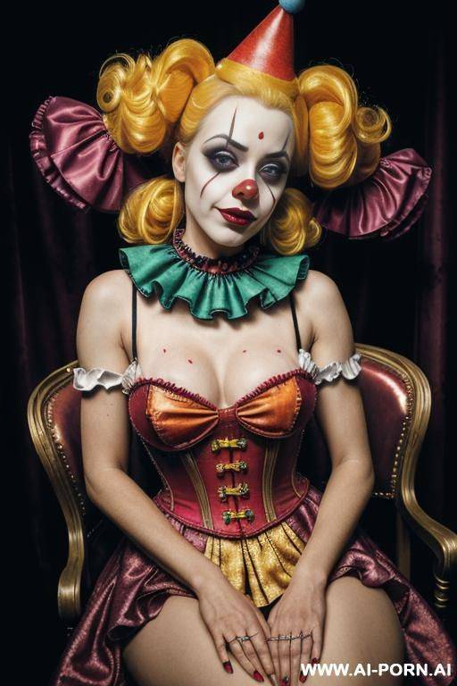 clown, goth skin, red lips, topless, show nipples, front view extreme close up - #main