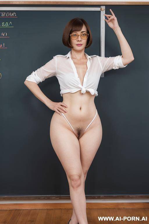 ((full body half turned view)), ((dancing)), realistic breasts and puffy belly, bottomless, opened shirt, 4 y.o. teacher with (( very hairy pussy, hairy pubic)) wrting on a blackboard, ((narrow hips)), classroom, blue pumps - #main