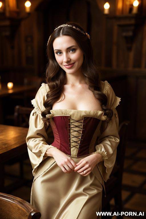 beautiful medieval waitress, wearing modest brown dress. she has long brunette waves. hairy pussy - #main