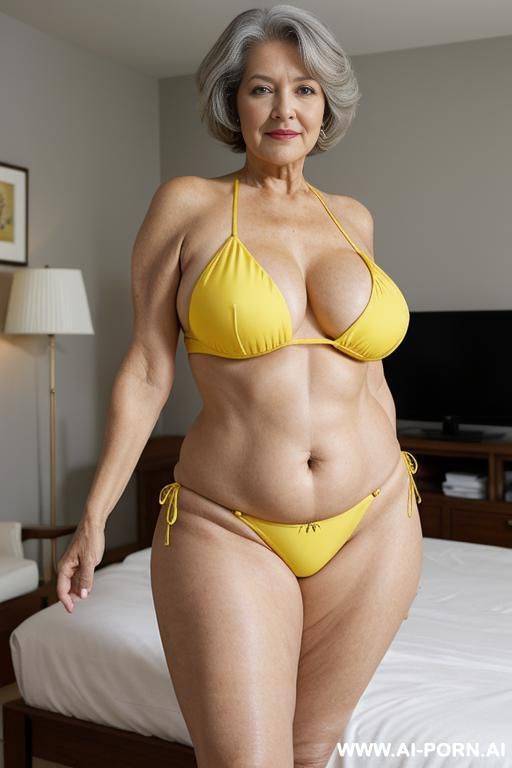 0-year-old grandmother, full body, standing on her bed, short hair, lady, clearly visible age marks, triangular hips, thick thighs, hands on hips, wearing yellow bikini in the living room - #main