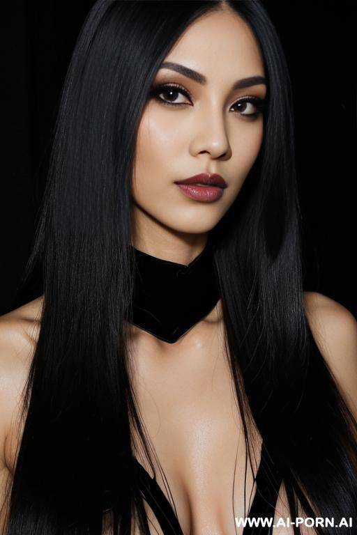 (long straight hair) (gothic model) (deep of field) ((eye contact)) (ideal facial ratios) (flirty and sexy energy) (soft skin) (makeup) ((look into camera)) ((smokey eye)) (low light) (black dark background) ((black shibari)) - #main