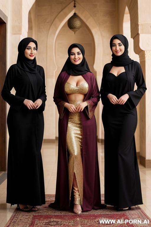 three proud and beautiful arab ladies with hijab, the age of the first perman is 25 years old, h 190 cm and a long robe to the floor, the second perman is 27 years old, the average - #main