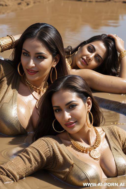 2 arabic women, in the mud, ((joyful)), (gold necklace bracelets and rings, hoop earrings), ((seductive smirk)), eyes contact, brown braided hair, brown sweater - #main