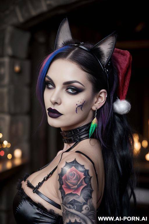 face, sexy, beautiful, ((face painting)), ((bikini as seashell)), ((tattoo roses)), ((eyes shw)), ((angel wings)), ((rainbow hair)), ((long bu hair)), ((wind)), (( cat face)), (( cat ears)), (((feather - #main