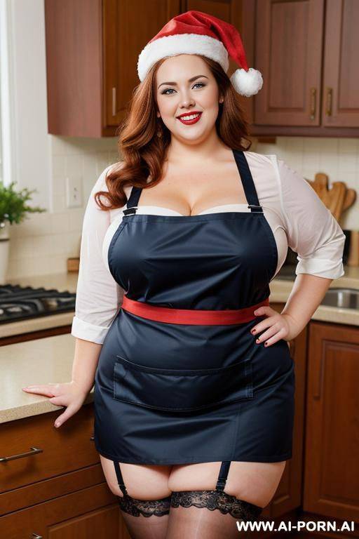 apron, fat bbw plump, rotund, santa hat, 300 pounds, auburn brunette, wearing tight red apron, pear shaped body, round belly - #main