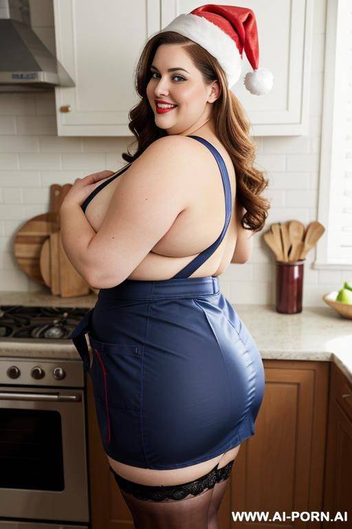 making cookies, apron, fat bbw plump, rotund, santa hat, 300 pounds, auburn brunette, wearing tight red apron, pear shaped body, round belly, extremely wide hips, hourglass, making cookies, heavy makeup, gorgeous, supermodel - #main