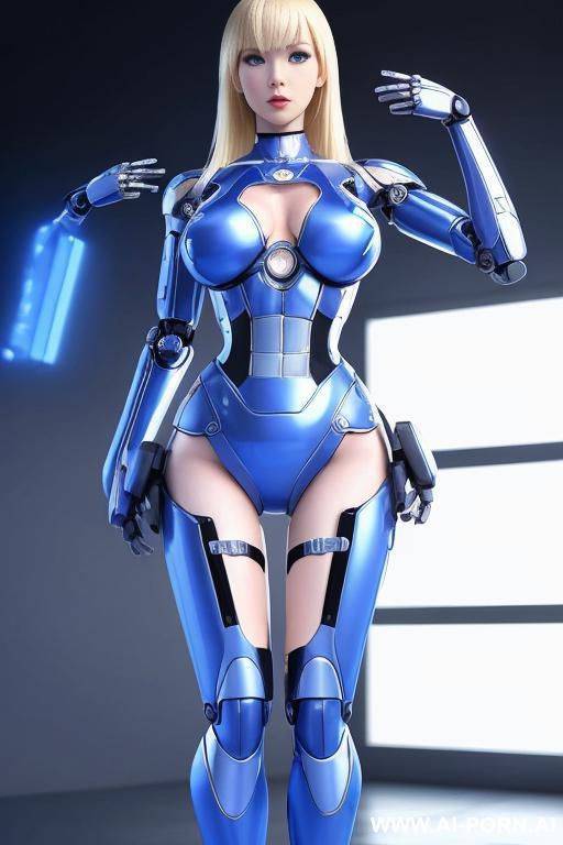 robot woman, fully robotic body, robotic face, blonde hair with bangs, full body, standing, superwoman, expressive eyes, blue eyes, hands on waist, legs open, top view, ((keep face)) - #main