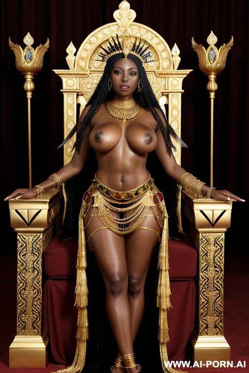 black african queen. palace throne. perky nipples. gold necklace, bracelets, thigh chain, anklet, headdress. enormous breasts. gold armband. - #main