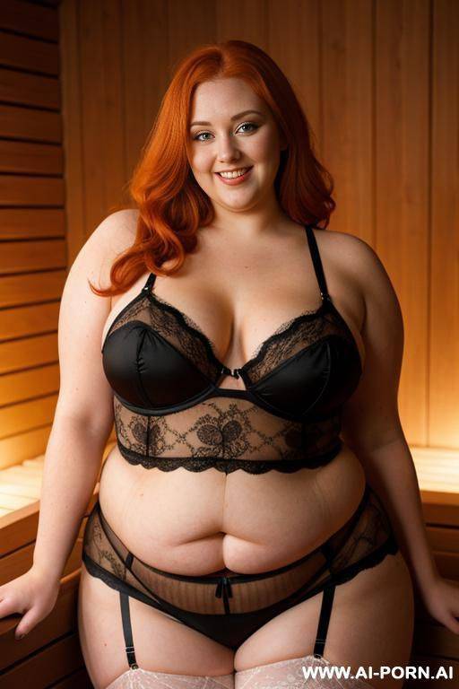 half-length photo, dinamyc angle, in a elegant sauna, a fat chubby obese fat thick and bbw redhead british, she has lovehandless and a soft medium tummy. she is wearing a yellow lace stocking lingerie. she has the most body mom - #main