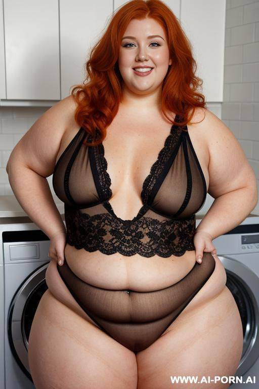 half-length photo, dinamyc angle, as a set in the blue sea, a fat chubby obese fat thick and bbw redhead british, she is washing clothes. she has lovehandless and a soft medium tummy. she - #main