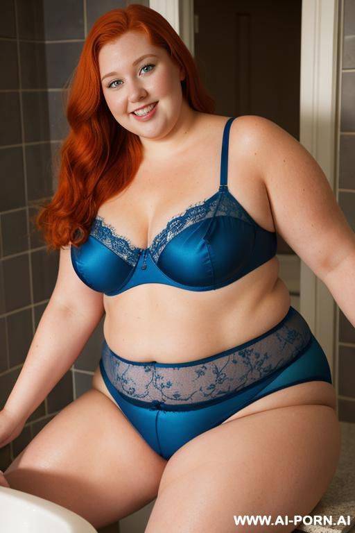half-length photo, dinamyc angle, in the blue sea, a fat chubby obese fat thick and bbw redhead british, she is washing clothes. she has lovehandless and a soft medium tummy. she is wearing a sky-orange lace stocking lingeries. she has the most body mom - #main